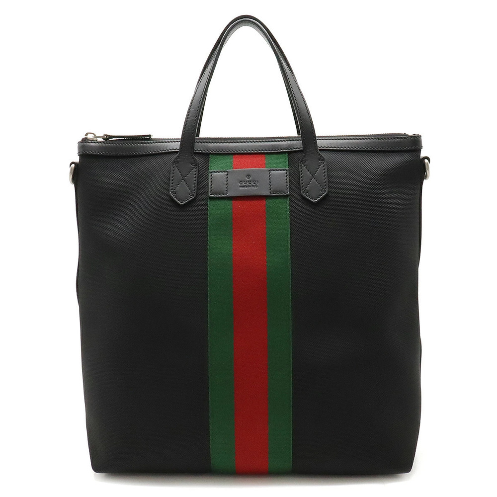 Gucci Sherry Web Stripe Tote Bag Canvas Leather Black Strap